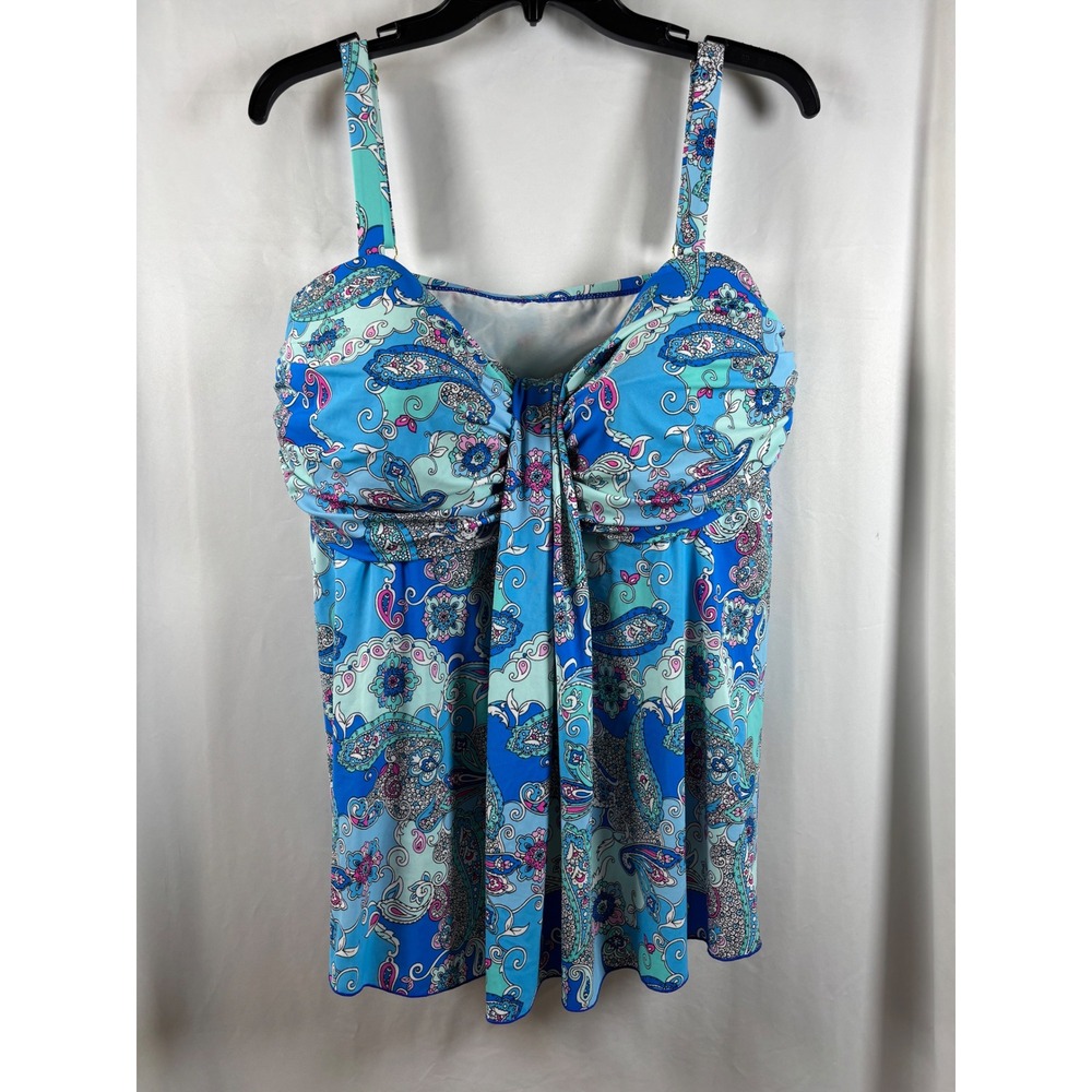 A Shore Fit Womens 22W Blue Paisley Tankini Swim Top Tummy Control 2270459
